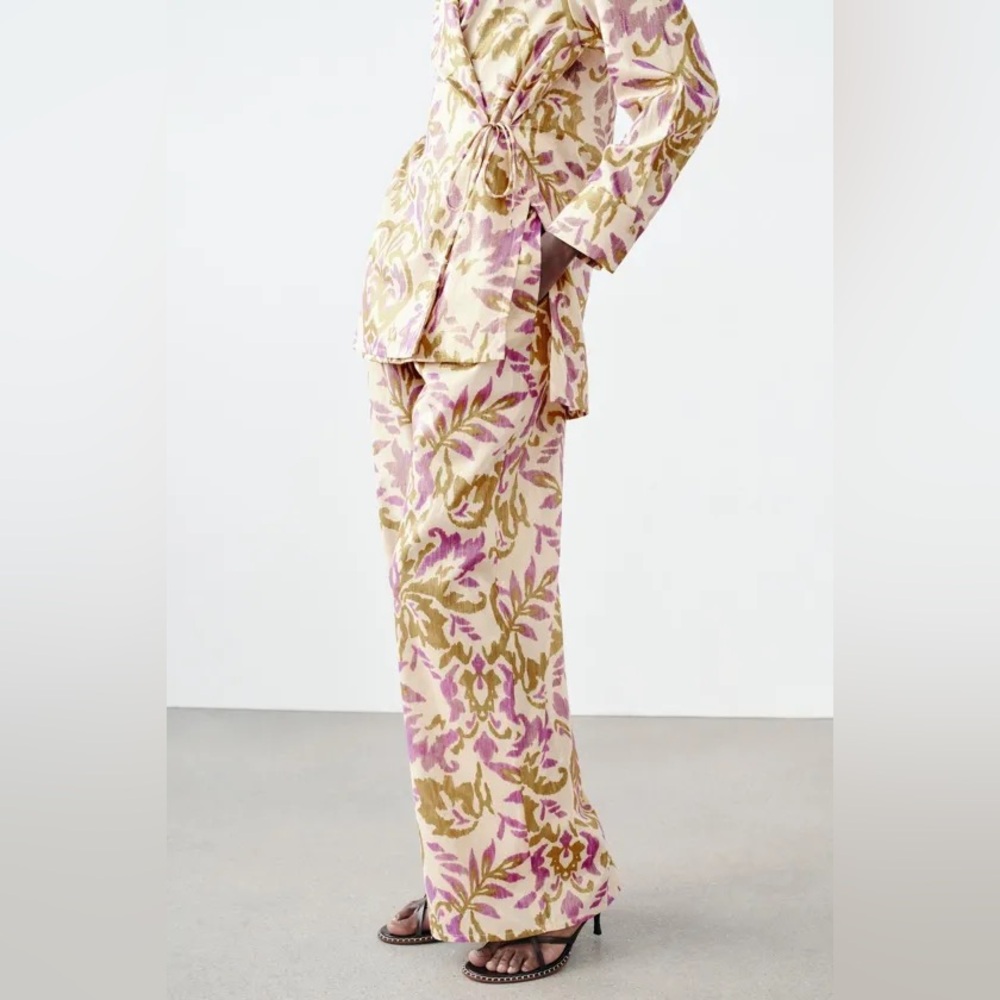 Zara floral print lightweight cotton and metallic thread pants trousers sz.S